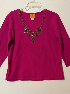 Ruby Rd. Petites size Embellished V-Neck Women's Top in Fuchsia Ruby Rd Brand be